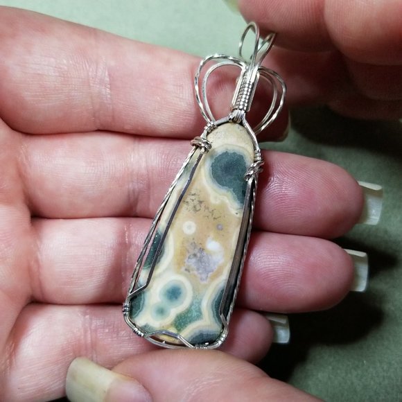 Wire Wrapped Kabamby Ocean Jasper Pendant * Silver wire wrap pendant * wwn15tb - Picture 13 of 13